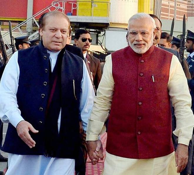The current cycle of bilateral engagement and acrimony runs from the dramatic visit by Prime Minister Narendra Modi to Lahore on Christmas in 2015.” The two leaders on that visit. Photo courtesy PTI