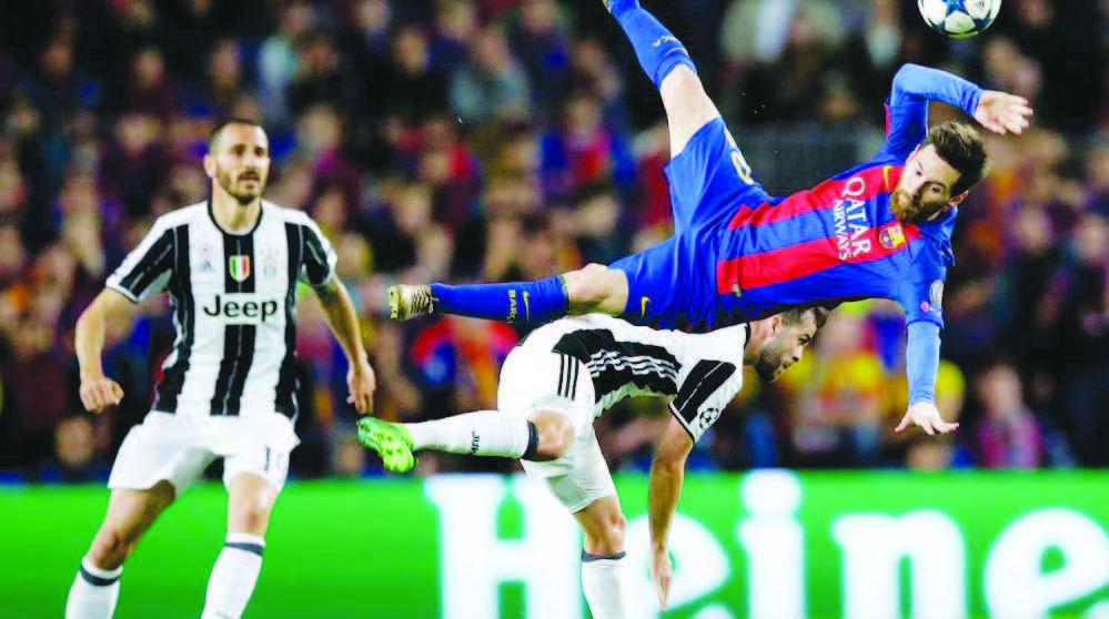 Barcelona’s Lionel Messi is airborne after being challenged by Juventus’ Miralem Pjanic during their Champions League quarterfinal second leg match in Barcelona. Photo: AP/PTI