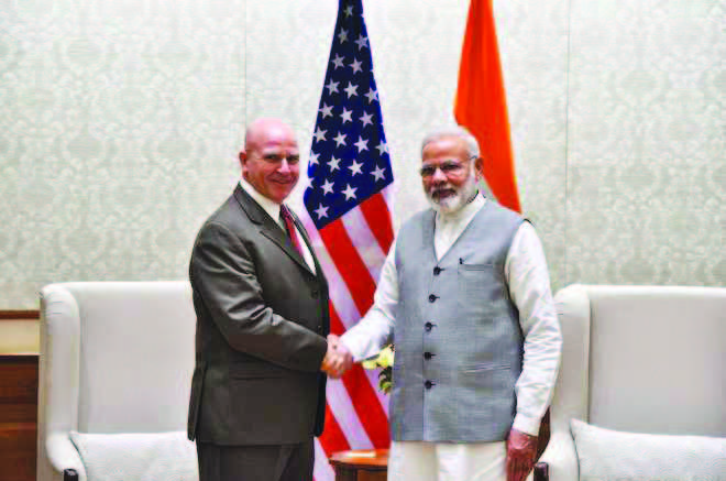 US NSA Lieut Gen HR McMaster with Prime Minister Narendra Modi. Photo courtesy: Twitter handle of PIB
