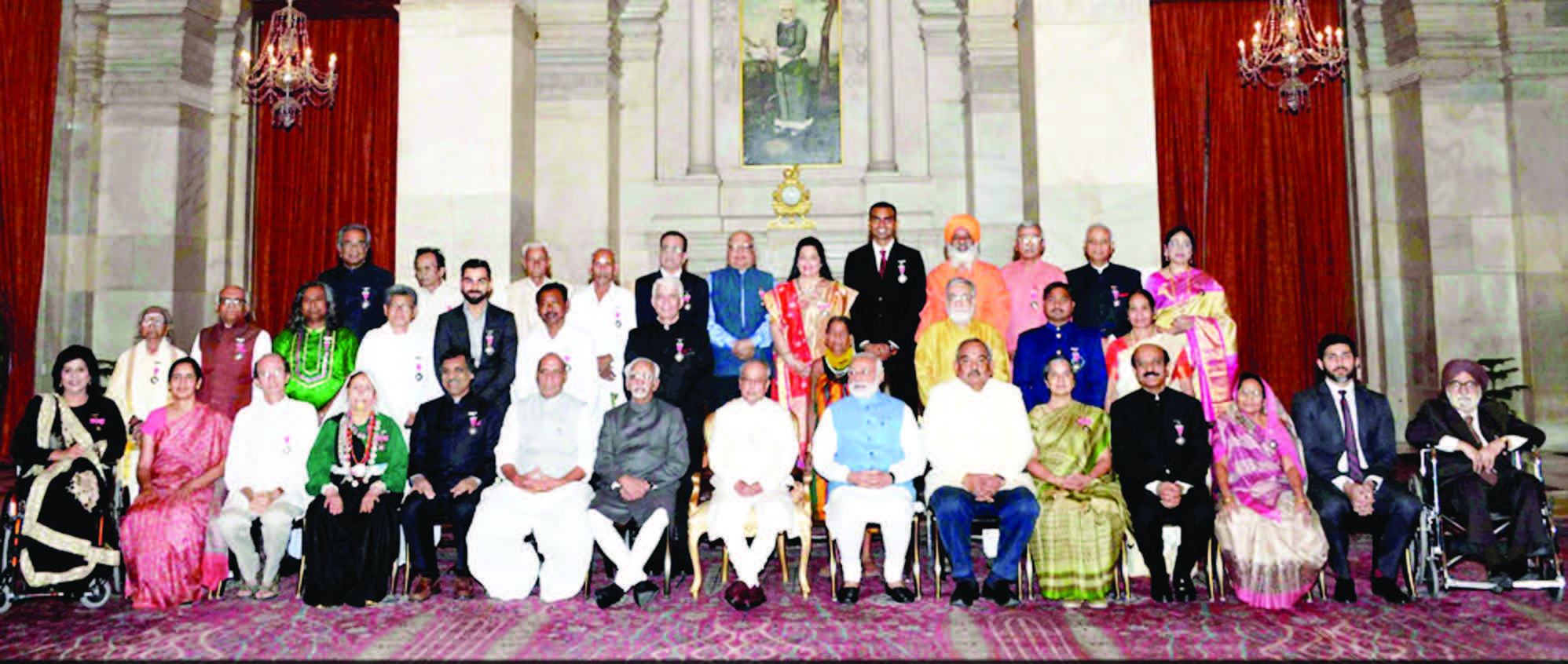 President Pranab Mukherjee, Vice-President Hamid Ansari, Prime Minister Narendra Modi and other dignitaries with the recipients of Padma Vibhushan at the Padma Awards 2017 function at Rashtrapati Bhavan in New Delhi on Thursday. Photo courtesy PTI