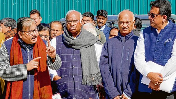 Congress President Mallikarjun Khage and other opposition leaders address the media outside Parliament in New Delhi PTI pic
